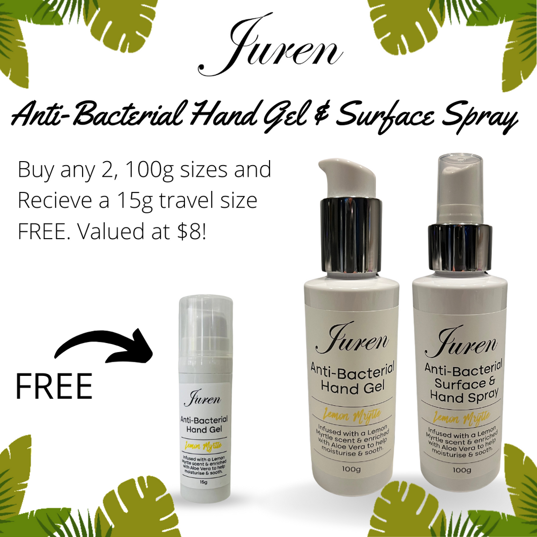 Juren Anti-Bacterial Hand Gel & Surface Spray Combo with Free Travel Size